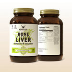 Two bottles of Heart & Soil Bone Marrow & Liver supplement on a beige background