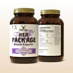Two brown 'Her Package' supplement bottles with labels on a beige background